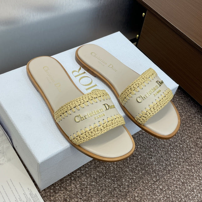 DIOR 25S D-LANE SLIDE LIGHT BEIGE CALFSKIN AND YELLOW BRAIDED RAFFIA