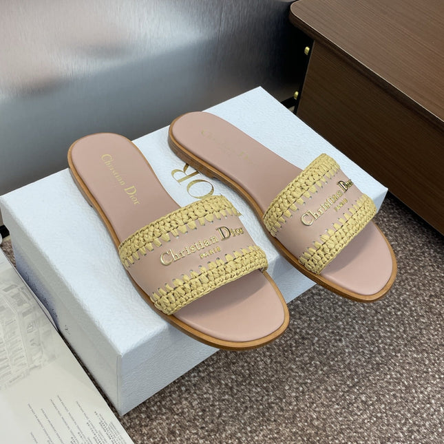 DIOR 25S D-LANE SLIDE NUDE CALFSKIN AND YELLOW BRAIDED RAFFIA