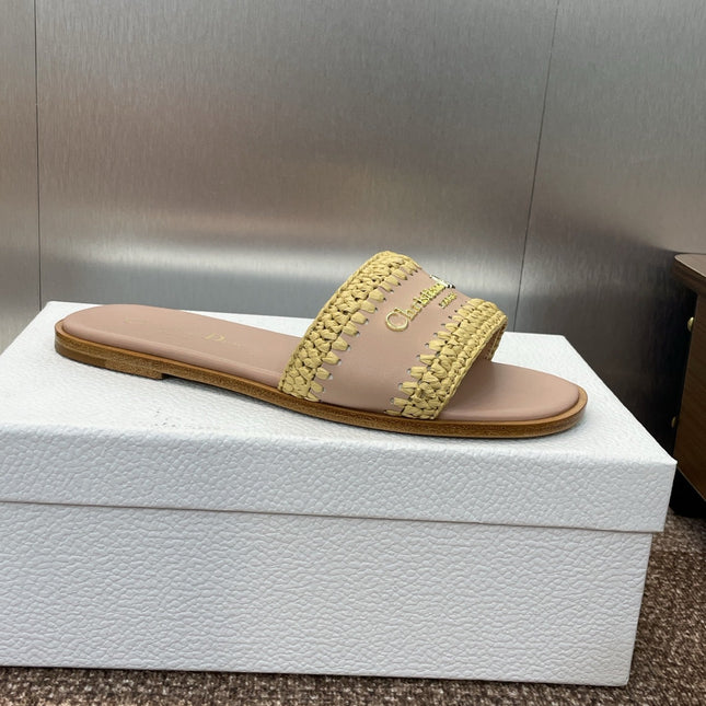 DIOR 25S D-LANE SLIDE NUDE CALFSKIN AND YELLOW BRAIDED RAFFIA