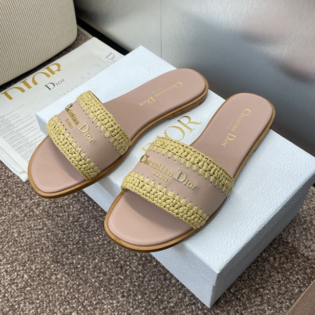 DIOR 25S D-LANE SLIDE NUDE CALFSKIN AND YELLOW BRAIDED RAFFIA