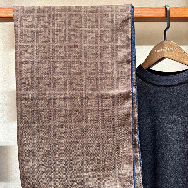 FF SHAWL 185 CM IN COFFEE BROWN SILK AND WOOL WITH BLUE BORDER 413672