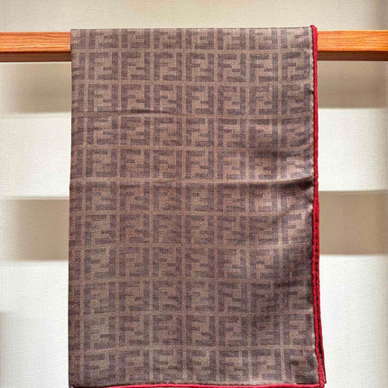 FF SHAWL 185 CM IN COFFEE BROWN SILK AND WOOL WITH RED BORDER 413673