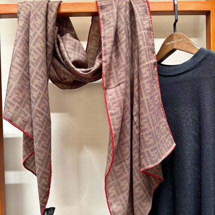 FF SHAWL 185 CM IN COFFEE BROWN SILK AND WOOL WITH RED BORDER 413673