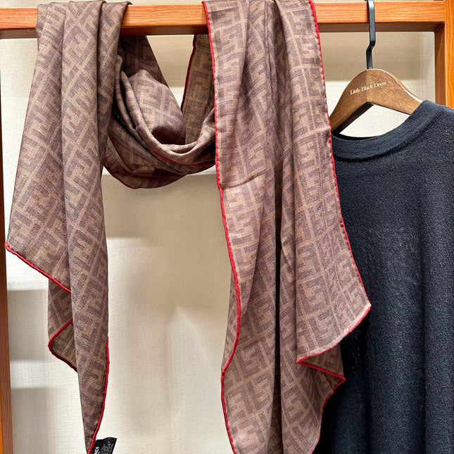 FF SHAWL 185 CM IN COFFEE BROWN SILK AND WOOL WITH RED BORDER 413673