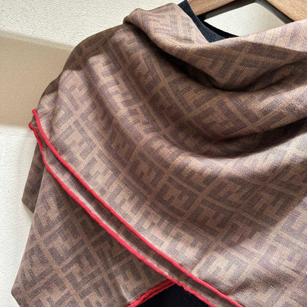 FF SHAWL 185 CM IN COFFEE BROWN SILK AND WOOL WITH RED BORDER 413673