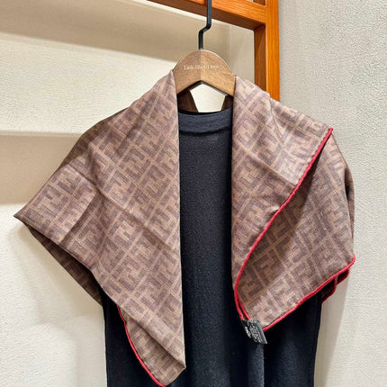 FF SHAWL 185 CM IN COFFEE BROWN SILK AND WOOL WITH RED BORDER 413673