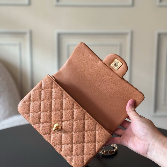 CHANEL 25S FLAP BAG 20 CM IN LIGHT BROWN CAVIAR LEATHER WITH GOLD HARDWARE
