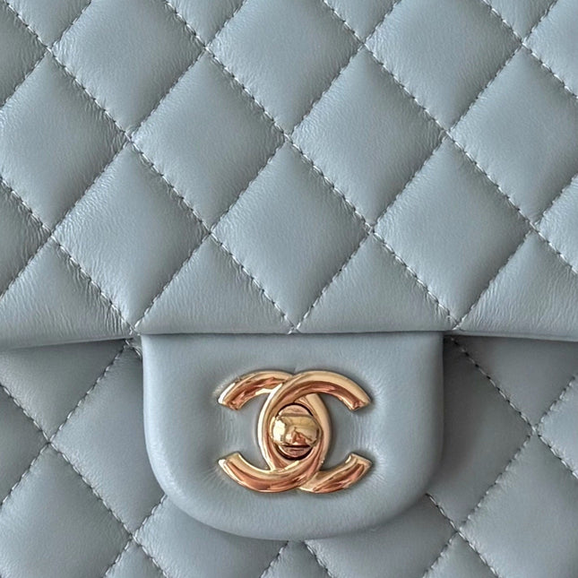 CHANEL 25S CLASSIC FLAP BAG 25 CM IN SLATE BLUE GRAY LAMBSKIN WITH GOLD HARDWARE