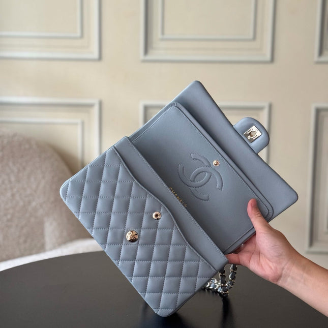 CHANEL 25S CLASSIC FLAP BAG 25 CM IN SLATE BLUE GRAY LAMBSKIN WITH GOLD HARDWARE