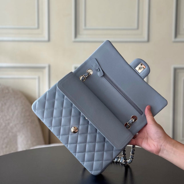 CHANEL 25S CLASSIC FLAP BAG 25 CM IN SLATE BLUE GRAY LAMBSKIN WITH GOLD HARDWARE
