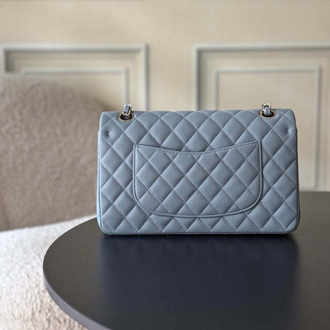 CHANEL 25S CLASSIC FLAP BAG 25 CM IN SLATE BLUE GRAY LAMBSKIN WITH GOLD HARDWARE