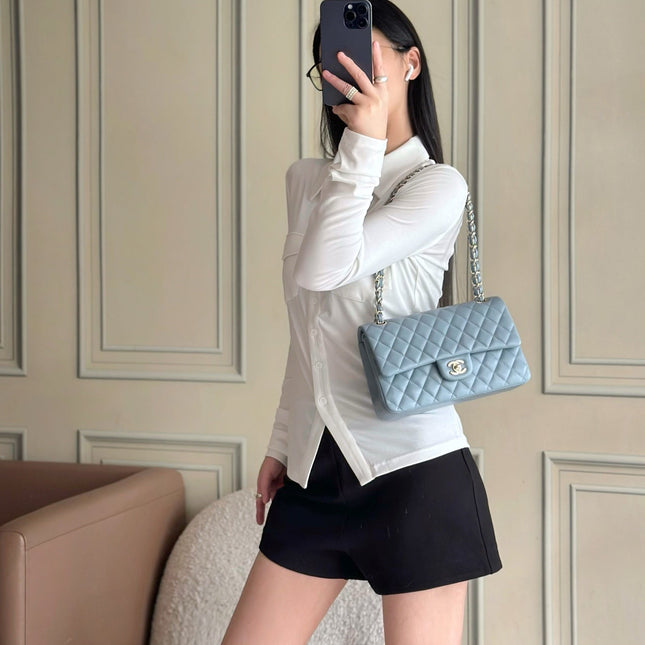 CHANEL 25S CLASSIC FLAP BAG 25 CM IN SLATE BLUE GRAY LAMBSKIN WITH GOLD HARDWARE