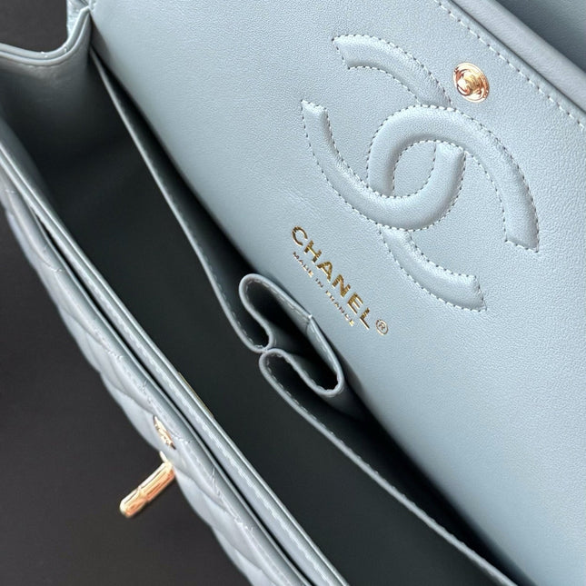 CHANEL 25S CLASSIC FLAP BAG 25 CM IN SLATE BLUE GRAY LAMBSKIN WITH GOLD HARDWARE