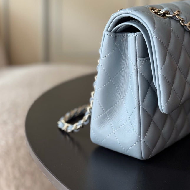 CHANEL 25S CLASSIC FLAP BAG 25 CM IN SLATE BLUE GRAY LAMBSKIN WITH GOLD HARDWARE