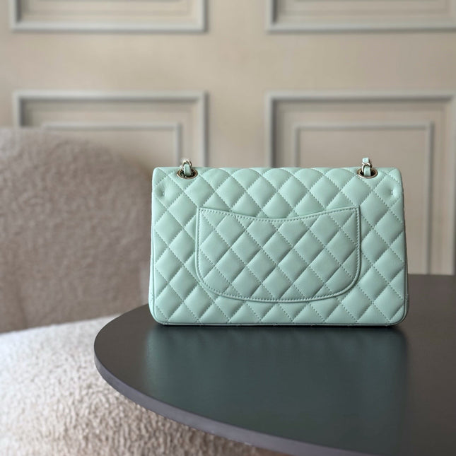 CHANEL 25S CLASSIC FLAP BAG 25 CM IN LIGHT CYAN BLUE LAMBSKIN WITH GOLD HARDWARE