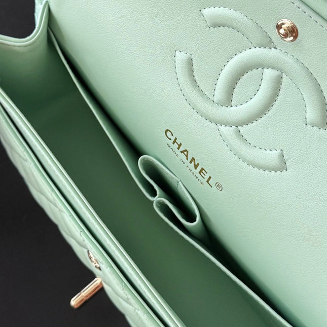 CHANEL 25S CLASSIC FLAP BAG 25 CM IN LIGHT CYAN BLUE LAMBSKIN WITH GOLD HARDWARE