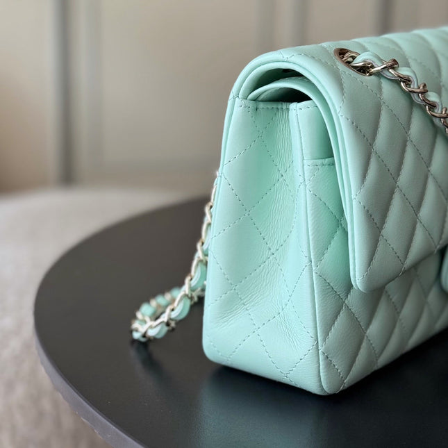 CHANEL 25S CLASSIC FLAP BAG 25 CM IN LIGHT CYAN BLUE LAMBSKIN WITH GOLD HARDWARE
