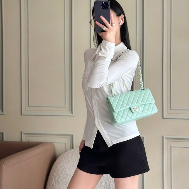 CHANEL 25S CLASSIC FLAP BAG 25 CM IN LIGHT CYAN BLUE LAMBSKIN WITH GOLD HARDWARE
