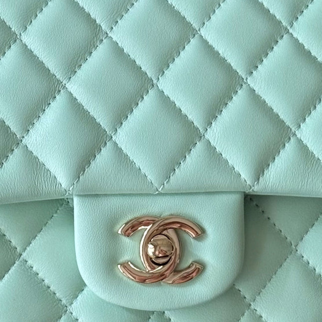 CHANEL 25S CLASSIC FLAP BAG 25 CM IN LIGHT CYAN BLUE LAMBSKIN WITH GOLD HARDWARE