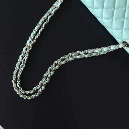 CHANEL 25S CLASSIC FLAP BAG 25 CM IN LIGHT CYAN BLUE LAMBSKIN WITH GOLD HARDWARE