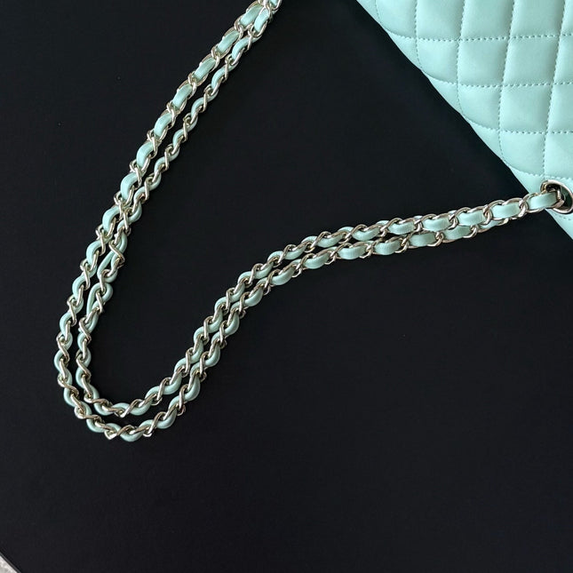 CHANEL 25S CLASSIC FLAP BAG 25 CM IN LIGHT CYAN BLUE LAMBSKIN WITH GOLD HARDWARE