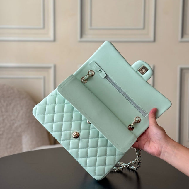 CHANEL 25S CLASSIC FLAP BAG 25 CM IN LIGHT CYAN BLUE LAMBSKIN WITH GOLD HARDWARE