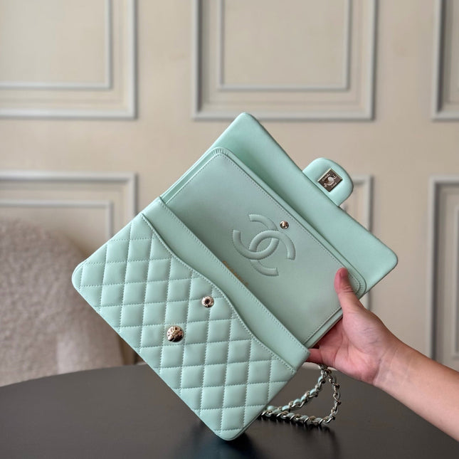 CHANEL 25S CLASSIC FLAP BAG 25 CM IN LIGHT CYAN BLUE LAMBSKIN WITH GOLD HARDWARE
