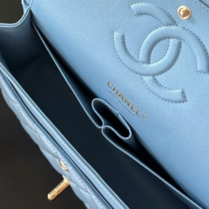 CHANEL 25S CLASSIC FLAP BAG 25 CM IN LIGHT BLUE LAMBSKIN WITH GOLD HARDWARE