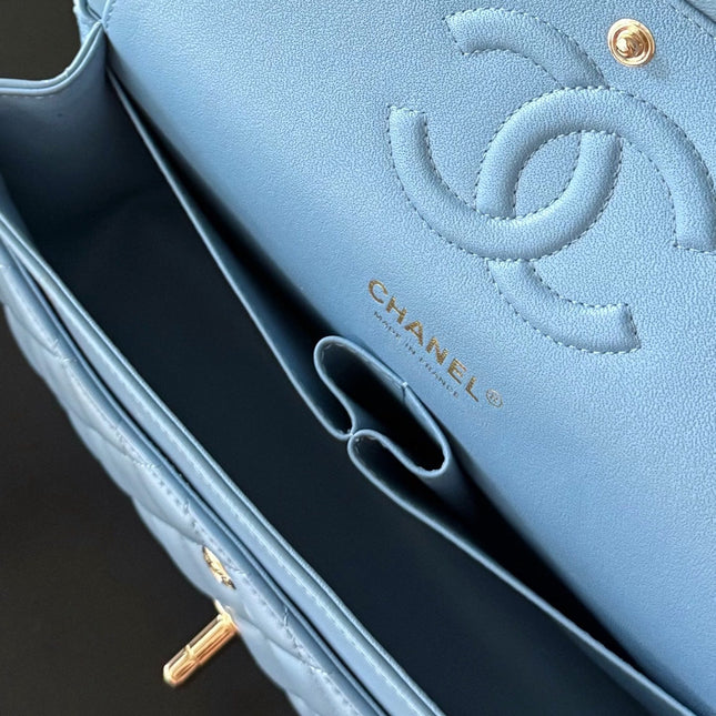 CHANEL 25S CLASSIC FLAP BAG 25 CM IN LIGHT BLUE LAMBSKIN WITH GOLD HARDWARE