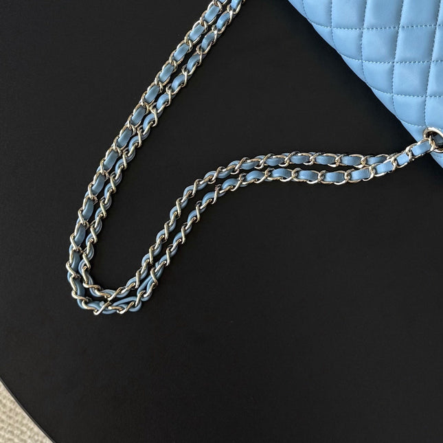 CHANEL 25S CLASSIC FLAP BAG 25 CM IN LIGHT BLUE LAMBSKIN WITH GOLD HARDWARE