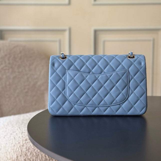 CHANEL 25S CLASSIC FLAP BAG 25 CM IN LIGHT BLUE LAMBSKIN WITH GOLD HARDWARE