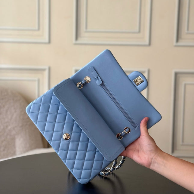 CHANEL 25S CLASSIC FLAP BAG 25 CM IN LIGHT BLUE LAMBSKIN WITH GOLD HARDWARE