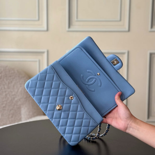 CHANEL 25S CLASSIC FLAP BAG 25 CM IN LIGHT BLUE LAMBSKIN WITH GOLD HARDWARE