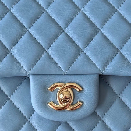 CHANEL 25S CLASSIC FLAP BAG 25 CM IN LIGHT BLUE LAMBSKIN WITH GOLD HARDWARE