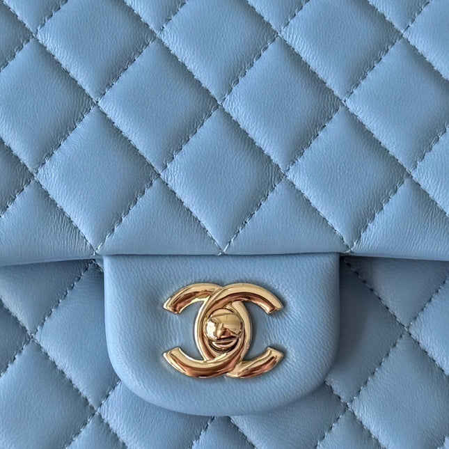 CHANEL 25S CLASSIC FLAP BAG 25 CM IN LIGHT BLUE LAMBSKIN WITH GOLD HARDWARE