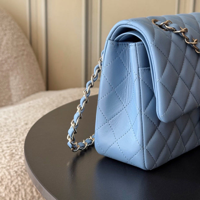 CHANEL 25S CLASSIC FLAP BAG 25 CM IN LIGHT BLUE LAMBSKIN WITH GOLD HARDWARE