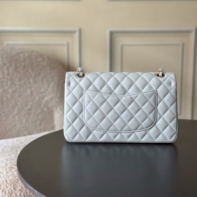 CHANEL 25S CLASSIC FLAP BAG 25 CM IN LIGHT GRAY BLUE LAMBSKIN WITH GOLD HARDWARE