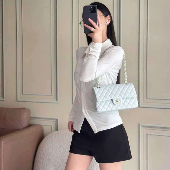 CHANEL 25S CLASSIC FLAP BAG 25 CM IN LIGHT GRAY BLUE LAMBSKIN WITH GOLD HARDWARE