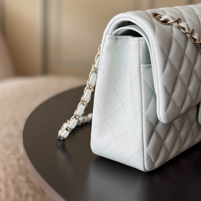 CHANEL 25S CLASSIC FLAP BAG 25 CM IN LIGHT GRAY BLUE LAMBSKIN WITH GOLD HARDWARE