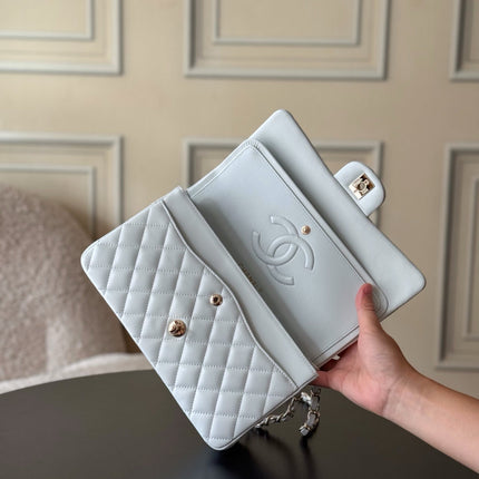 CHANEL 25S CLASSIC FLAP BAG 25 CM IN LIGHT GRAY BLUE LAMBSKIN WITH GOLD HARDWARE