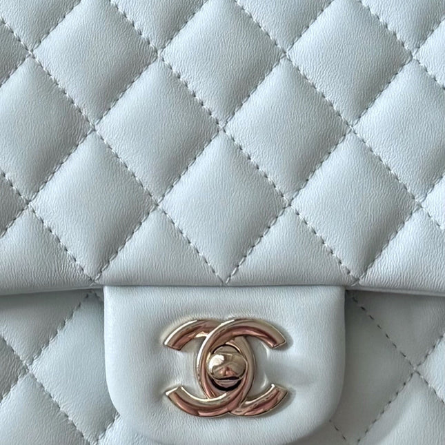 CHANEL 25S CLASSIC FLAP BAG 25 CM IN LIGHT GRAY BLUE LAMBSKIN WITH GOLD HARDWARE