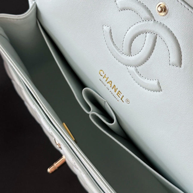 CHANEL 25S CLASSIC FLAP BAG 25 CM IN LIGHT GRAY BLUE LAMBSKIN WITH GOLD HARDWARE