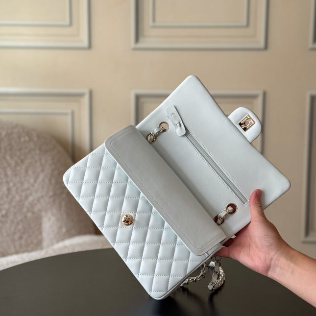 CHANEL 25S CLASSIC FLAP BAG 25 CM IN LIGHT GRAY BLUE LAMBSKIN WITH GOLD HARDWARE