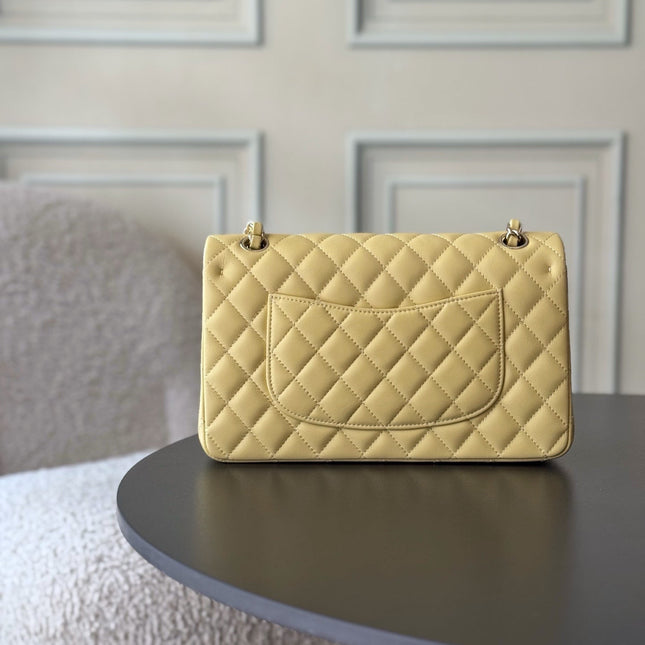 CHANEL 25S CLASSIC FLAP BAG 25 CM IN LIGHT YELLOW LAMBSKIN WITH GOLD HARDWARE
