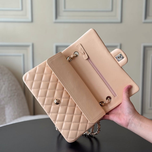 CHANEL 25S CLASSIC FLAP BAG 25 CM IN LIGHT BEIGE LAMBSKIN WITH GOLD HARDWARE