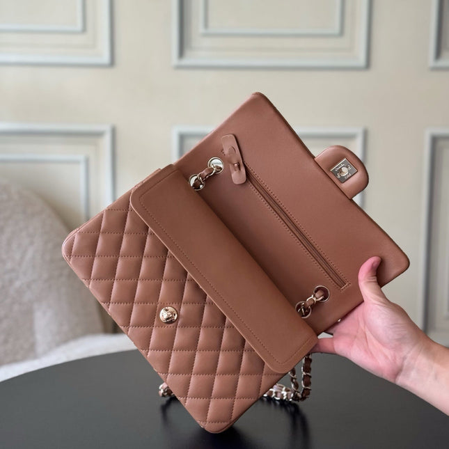 CHANEL 25S CLASSIC FLAP BAG 25 CM IN LIGHT BROWN LAMBSKIN WITH GOLD HARDWARE
