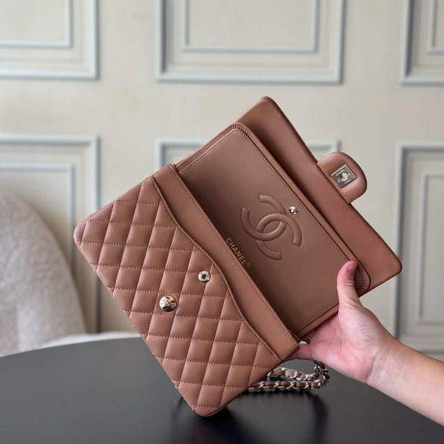CHANEL 25S CLASSIC FLAP BAG 25 CM IN LIGHT BROWN LAMBSKIN WITH GOLD HARDWARE