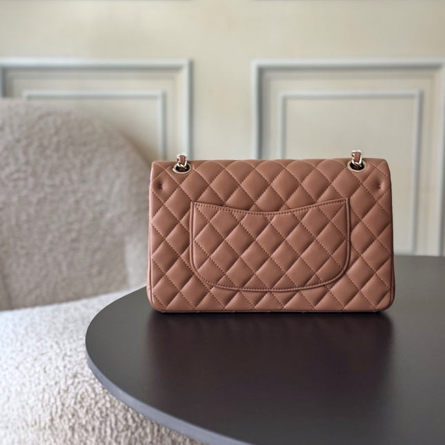 CHANEL 25S CLASSIC FLAP BAG 25 CM IN LIGHT BROWN LAMBSKIN WITH GOLD HARDWARE