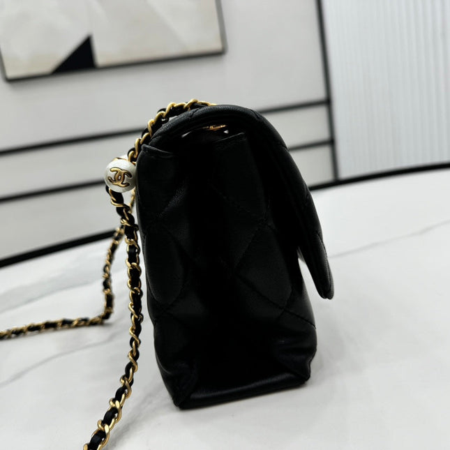 CHANEL 25S FLAP BAG 23 CM IN BLACK LAMBSKIN WITH PEARL TOP HANDLE