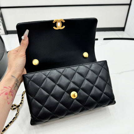 CHANEL 25S FLAP BAG 23 CM IN BLACK LAMBSKIN WITH PEARL TOP HANDLE